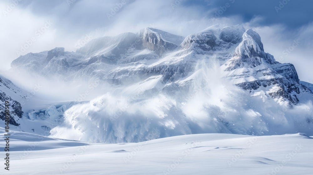 Fototapeta premium A dramatic avalanche cascading down snow-covered mountains, highlighting the power and beauty of nature.