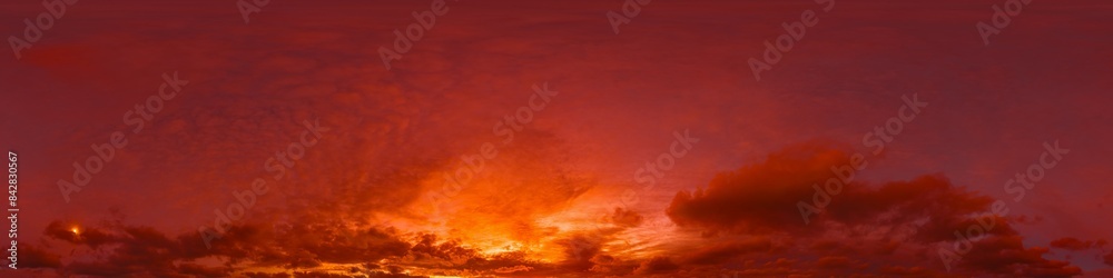 Dramatic sunset sky panorama with red burning clouds. Seamless hdr 360 pano in spherical equirectangular format. Sky dome or zenith for 3D visualization, sky replacement for aerial drone panoramas Dramatic sunset sky panorama with red burning clouds. Seamless hdr 360 pano in spherical equirectangular format. Sky dome or zenith for 3D visualization, sky replacement for aerial drone panoramas