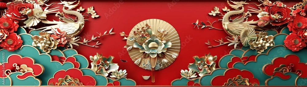 Obraz premium Volumetric stucco molding, Japanese patterns, gold elements, intricate details, HDR lighting