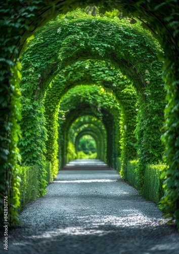 A lush garden path with archways covered in greenery, creating a serene and picturesque scene.