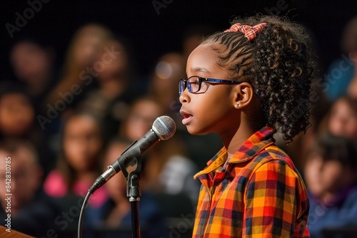 Young kid girl participating in a national spelling bee competition. She stands confidently at the microphone on stage, spelling challenging words with precision in front of the audience photo