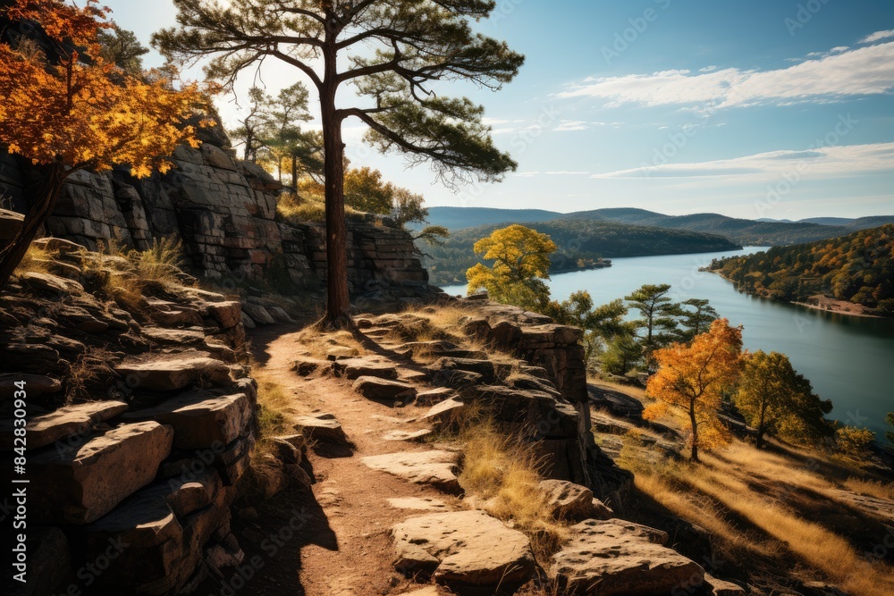 Exuberant trails and stunning views on Table Rock Park, Branson, USA., generative IA Exuberant trails and stunning views on Table Rock Park, Branson, USA., generative IA