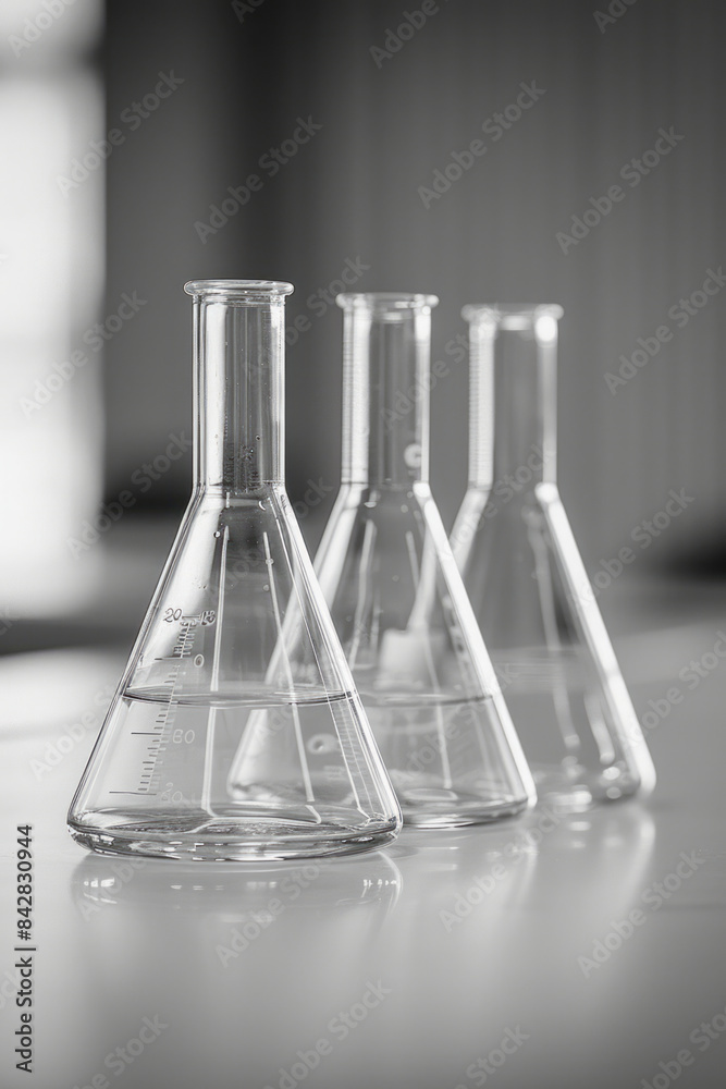 Clean and elegant depiction of reagents in Erlenmeyer flasks, ready for scientific reactions, Clean and elegant depiction of reagents in Erlenmeyer flasks, ready for scientific reactions,
