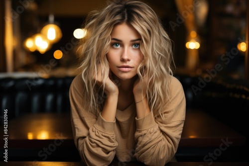 Portrait of young and desired woman in casual clothes with dyed blond hair, crossi, generative IA