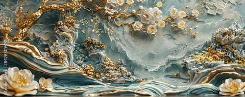 Volumetric stucco molding, Japanese motifs, gold accents, highdetail, moody lighting