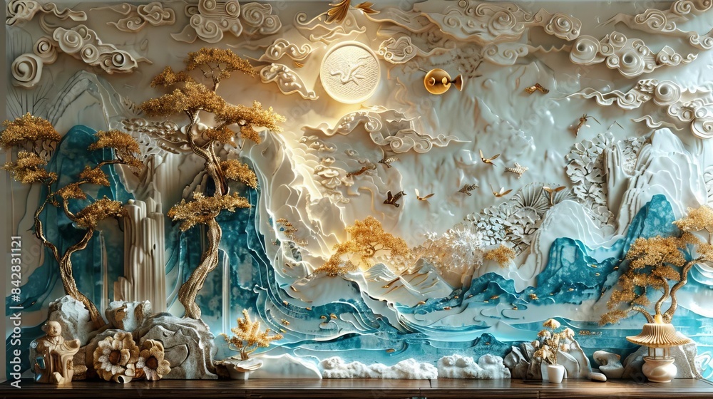 Fototapeta premium Volumetric stucco molding, Chinese motifs, gold accents, highdetail, moody lighting