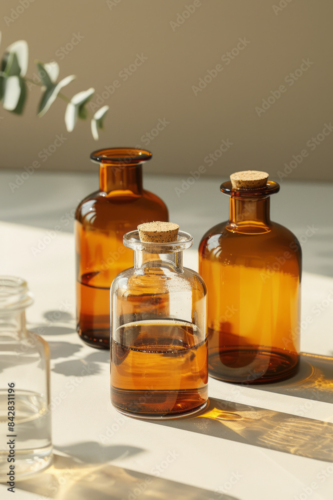 Minimalist design featuring reagents in flasks and bottles, exuding simplicity, Minimalist design featuring reagents in flasks and bottles, exuding simplicity,