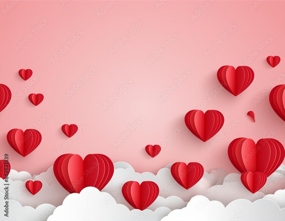 Happy Valentine's day blank background, beautiful paper cut clouds with 3d red hearts on pink background. Vector illustration. Papercut style. Place for text Happy Valentine's day blank background, beautiful paper cut clouds with 3d red hearts on pink background. Vector illustration. Papercut style. Place for text