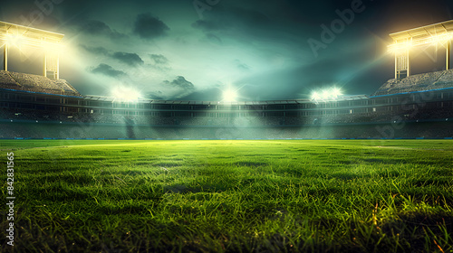 Spectacular sport stadium with glowing floodlights and empty green grass field in background