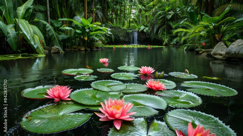 Water lily pond with blooming lilies, calm water, and green leaves