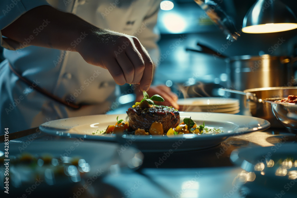 close up horizontal image of a fine dining chef finishing a fancy beef dish close up horizontal image of a fine dining chef finishing a fancy beef dish