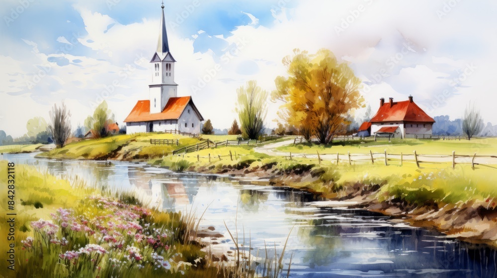 Obraz premium Watercolor of a modern church in a small village