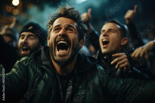 Euphoric fans of a team celebrating a decisive goal in a deafening stadium., generative IA © Gabriel