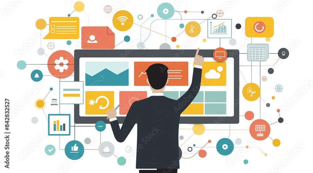 A flat vector illustration of an advertising professional presenting marketing data, the concept of digital campaign management for social media ad at background. generative AI A flat vector illustration of an advertising professional presenting marketing data, the concept of digital campaign management for social media ad at background. generative AI