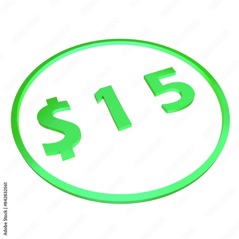 3D figure fifteen in a green circle with a dollar sign on a white background, isolate. Pricing, marketing, sale or price tag. 3D figure fifteen in a green circle with a dollar sign on a white background, isolate. Pricing, marketing, sale or price tag.