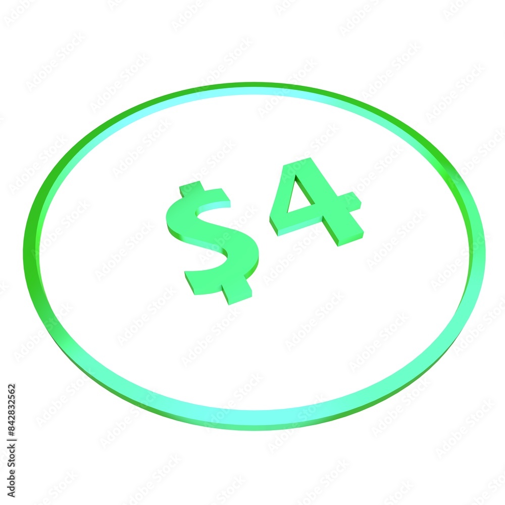 3D figure four in a green circle with a dollar sign on a white background, isolate. Pricing, marketing, sale or price tag. 3D figure four in a green circle with a dollar sign on a white background, isolate. Pricing, marketing, sale or price tag.