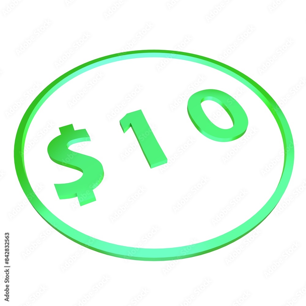 3D figure ten in a green circle with a dollar sign on a white background, isolate. Pricing, marketing, sale or price tag. 3D figure ten in a green circle with a dollar sign on a white background, isolate. Pricing, marketing, sale or price tag.