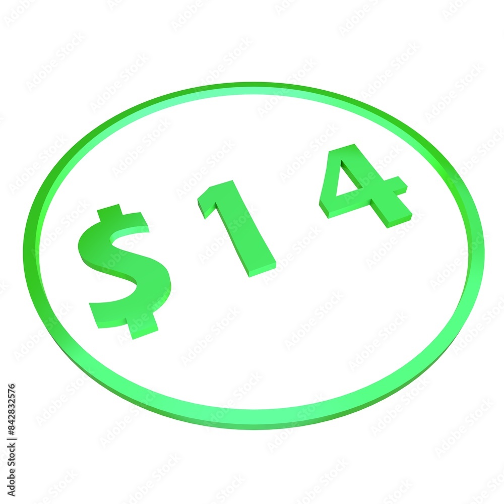 3D figure fourteen in a green circle with a dollar sign on a white background, isolate. Pricing, marketing, sale or price tag. 3D figure fourteen in a green circle with a dollar sign on a white background, isolate. Pricing, marketing, sale or price tag.
