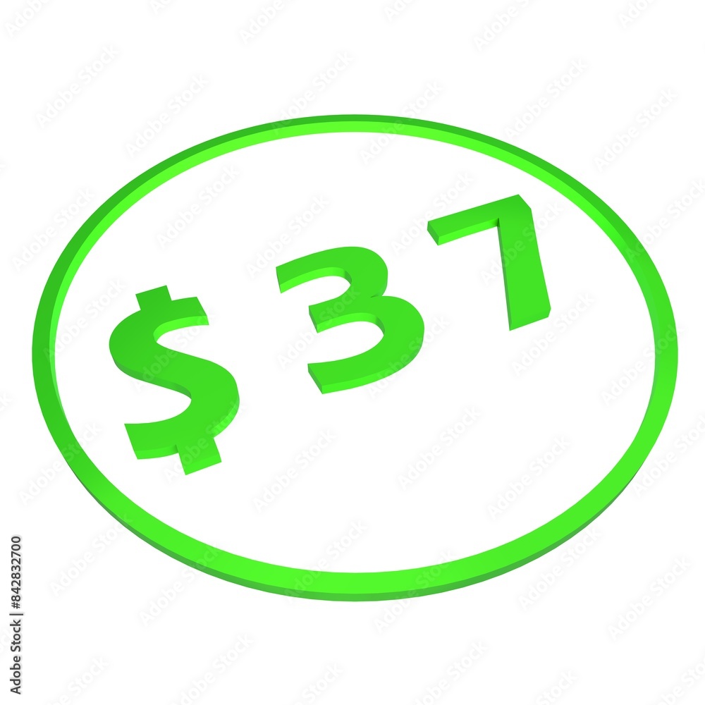3D figure thirty seven in a green circle with a dollar sign on a white background, isolate. Pricing, marketing, sale or price tag. 3D figure thirty seven in a green circle with a dollar sign on a white background, isolate. Pricing, marketing, sale or price tag.