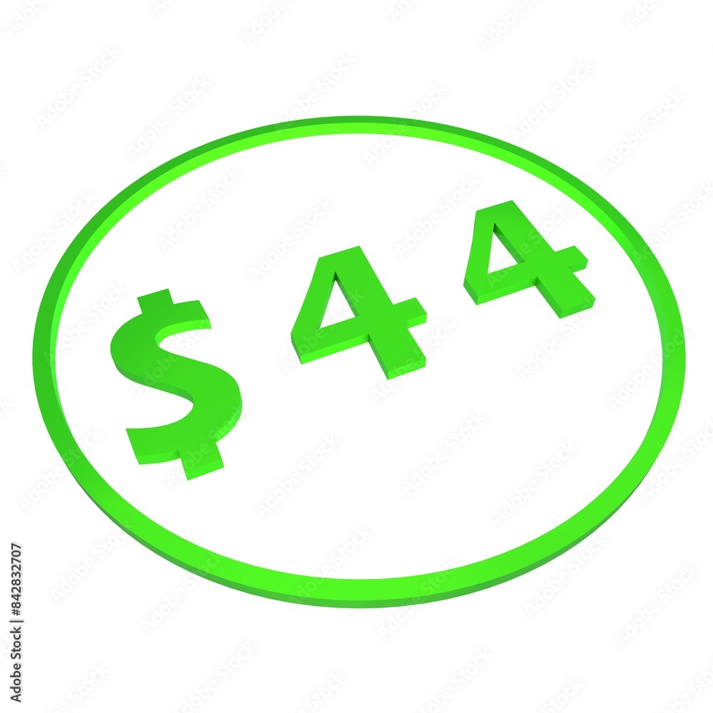 3D figure forty four in a green circle with a dollar sign on a white background, isolate. Pricing, marketing, sale or price tag. 3D figure forty four in a green circle with a dollar sign on a white background, isolate. Pricing, marketing, sale or price tag.