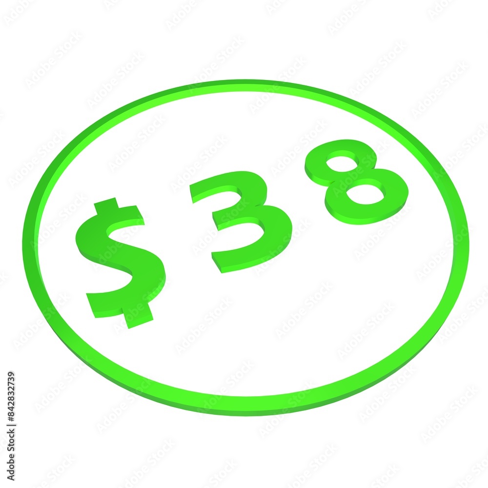3D figure thirty eight in a green circle with a dollar sign on a white background, isolate. Pricing, marketing, sale or price tag. 3D figure thirty eight in a green circle with a dollar sign on a white background, isolate. Pricing, marketing, sale or price tag.
