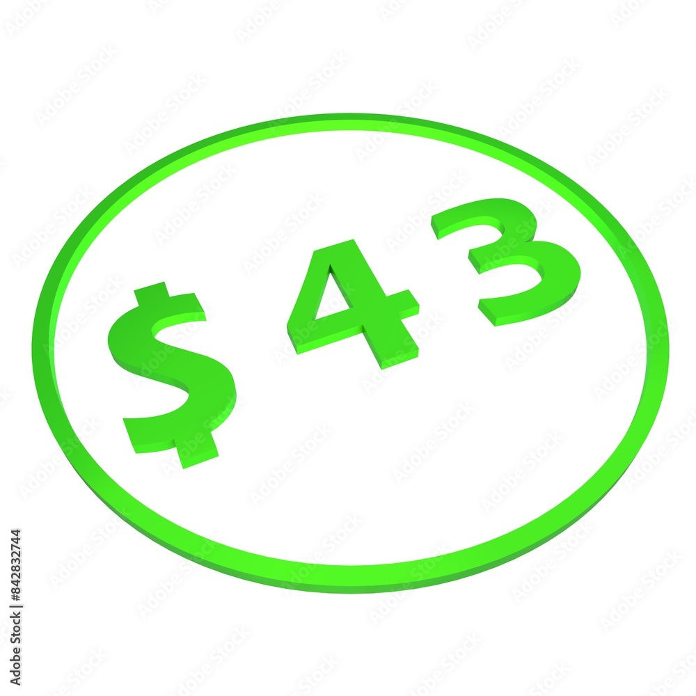 3D figure forty three in a green circle with a dollar sign on a white background, isolate. Pricing, marketing, sale or price tag. 3D figure forty three in a green circle with a dollar sign on a white background, isolate. Pricing, marketing, sale or price tag.