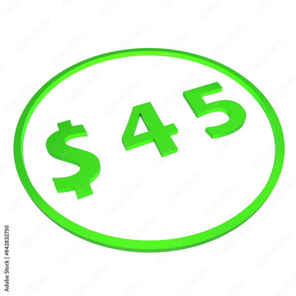 3D figure forty five in a green circle with a dollar sign on a white background, isolate. Pricing, marketing, sale or price tag. 3D figure forty five in a green circle with a dollar sign on a white background, isolate. Pricing, marketing, sale or price tag.
