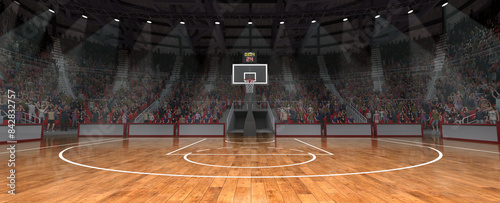 Basketball court with intense lighting, while hoop and scoreboard are ready for action on background with crowdy stages. Concept of sport games, competition, entertainment, action and motion
