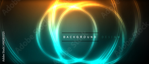 Neon glowing circle rays, light round lines in the dark, planet style neon wave lines. Energetic electric concept design for wallpaper, banner, background