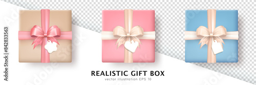 Set of 3d realistic colorful gift boxes with silk bows and hanging tags with space for greeting text. Three dimensional pastel present wrap packages with crossed ribbon and white empty label. Top view