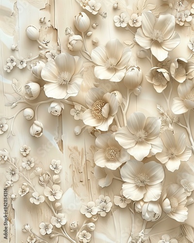 Beautiful flower 3d relief wallpaper. Mural wallpaper. Wall art. AI generated illustration.