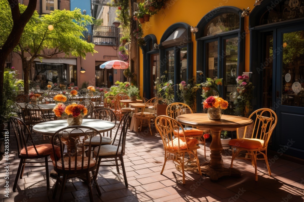 Outdoor coffee in picturesque neighborhood, tables and umbrellas., generative IA Outdoor coffee in picturesque neighborhood, tables and umbrellas., generative IA