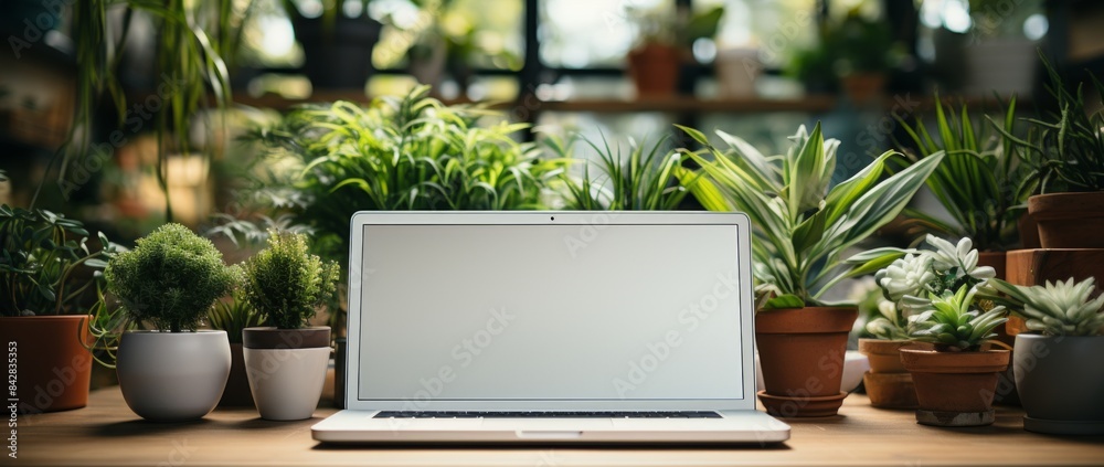 Modern laptop computer with a blank screen resting on a wooden table in a well-lit workspace. Modern laptop computer with a blank screen resting on a wooden table in a well-lit workspace.