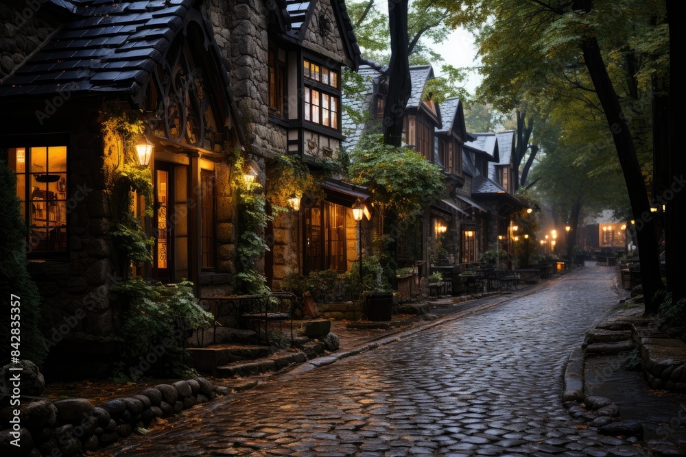 Streets of cobblestone in a historic neighborhood with old houses., generative IA