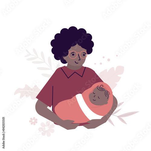 African american woman holding baby in arms. Happy mother with smiling infant isolated on white background. Newborn, breastfeeding concept.