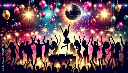 Crowd of dancing youth at a party with raised hands with DJ booth, balloons, disco ball, fireworks on a bright festive stage in neon, violet lights