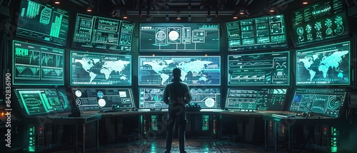 Operator in a hightech command center with multiple greenlit screens and futuristic controls, Digital Illustration, High Tech, Detailed 8K , high-resolution, ultra HD,up32K HD photo