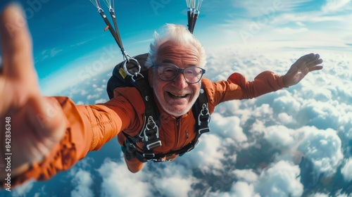 A joyful senior man experiences the thrill of skydiving with open arms against a cloud backdrop