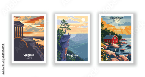 Wisconsin, Washington, Virginia - Vintage travel poster. Vector illustration. Poster Travel for Hikers Campers Living Room Decor