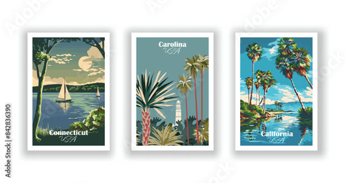 Connecticut, Carolina, California - Vintage travel poster. Vector illustration. Poster Travel for Hikers Campers Living Room Decor
