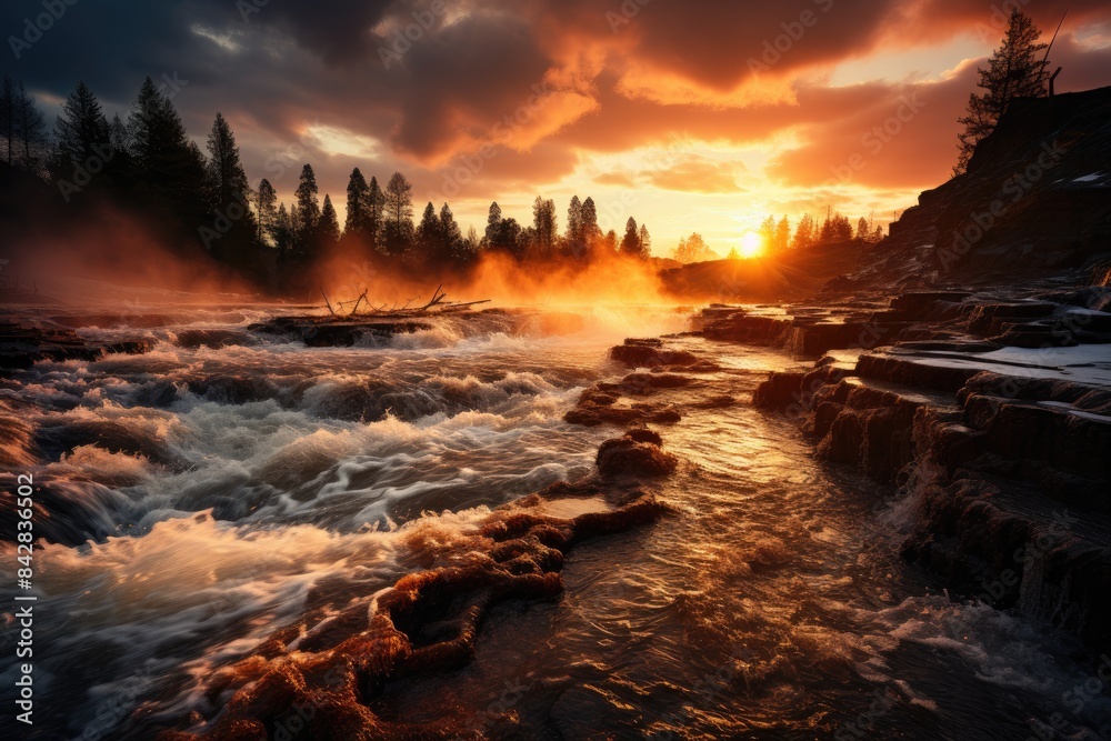 Geeser in Yellowstone, Sol West, Magic Landscape., generative IA Geeser in Yellowstone, Sol West, Magic Landscape., generative IA