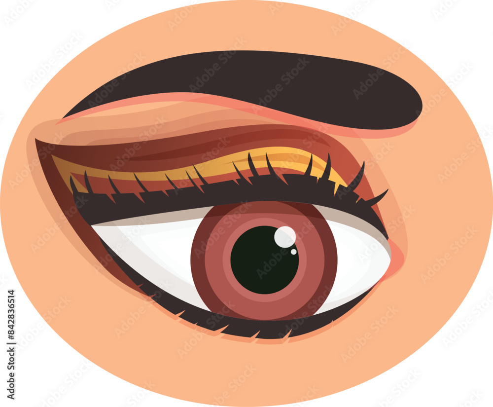 Fototapeta premium Illustration of a female eye with long eyelashes and red eye shadow looking sideways