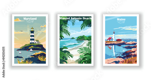 Maine, Manuel Antonio Beach, Maryland - Vintage travel poster. Vector illustration. Poster Travel for Hikers Campers Living Room Decor