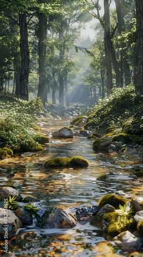 A tranquil forest stream, realistic.