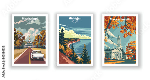 Massachusetts, Mississippi, Michigan - Vintage travel poster. Vector illustration. Poster Travel for Hikers Campers Living Room Decor