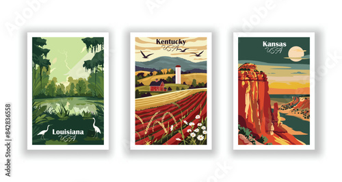 Kansas, Kentucky, Louisiana - Vintage travel poster. Vector illustration. Poster Travel for Hikers Campers Living Room Decor