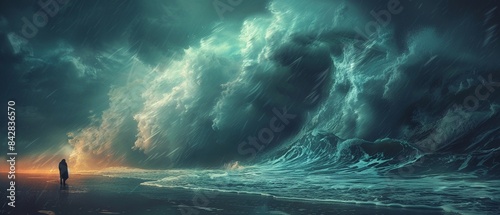 Stormy seascape with a solitary figure confronting a gigantic, turbulent wave, lit by dramatic lighting, Digital Art, Dark, Atmospheric 8K , high-resolution, ultra HD,up32K HD photo