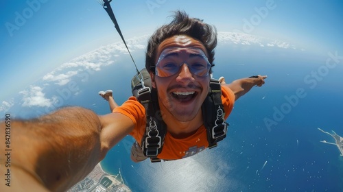 Excited man enjoys a skydiving session with an expansive view of the ocean below