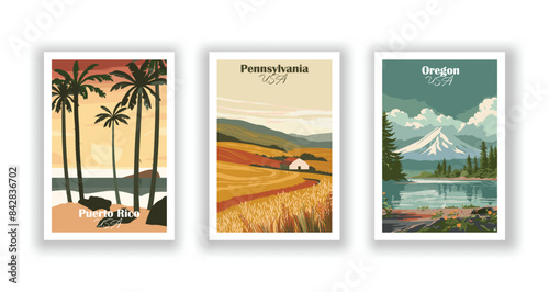 Oregon, Pennsylvania, Puerto Rico - Vintage travel poster. Vector illustration. Poster Travel for Hikers Campers Living Room Decor