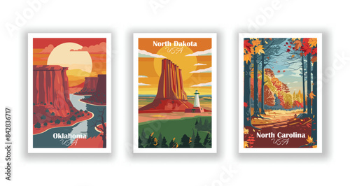 Oklahoma, North Dakota, North Carolina - Vintage travel poster. Vector illustration. Poster Travel for Hikers Campers Living Room Decor